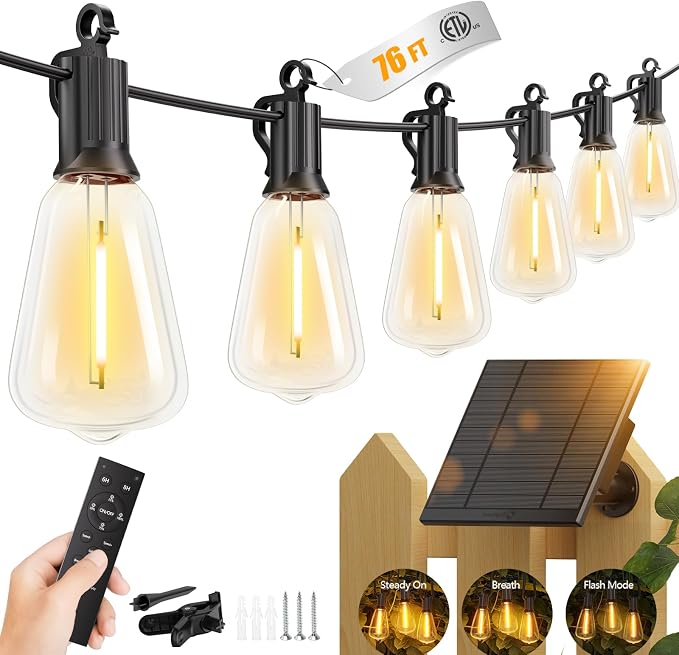 Brightown 76FT Solar String Lights Outdoor Waterproof with Remote, 23+1 LED Shatterproof Bulbs, Dimmable & Timable, 3 Light Modes - Commercial Grade Patio Lights for Garden Backyard Party Decor