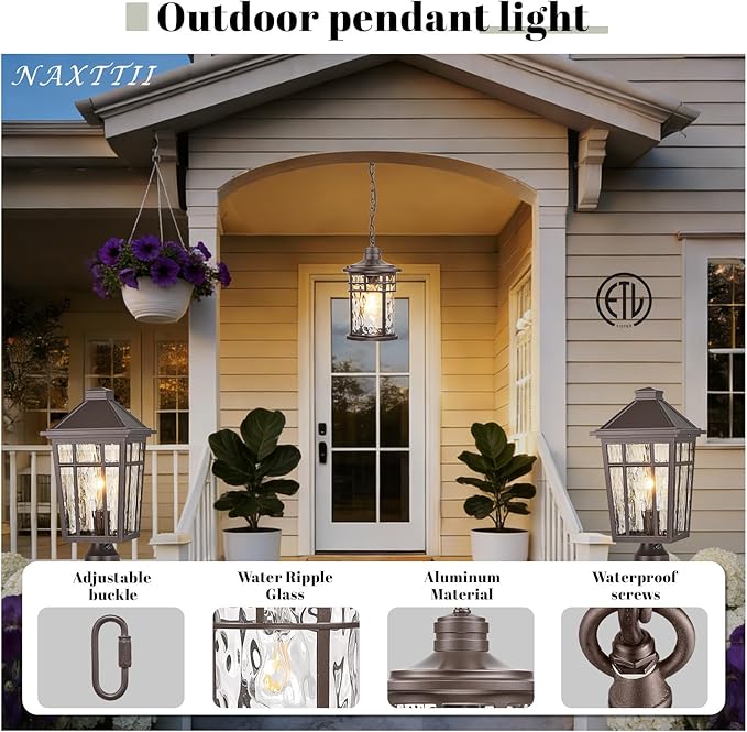 Large Outdoor Pendant Light Dusk to Dawn Hanging Porch Light Anti-Rust Aluminum Exterior Hanging Lighting Fixtures for Front Door Gazebo E26 Socket Oil Rubbed Bronze Finish