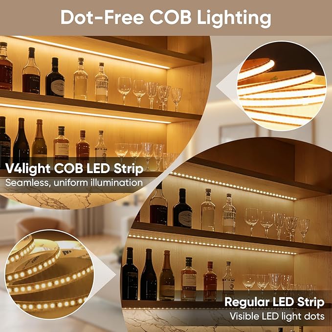V4light Smart COB LED Strip Lights 32.8ft 24V, Tunable White 2700K–6500K Dot-Free Lighting, Alexa & Google Voice Control, App & Remote, CRI90+ Under Cabinet Lighting for Kitchen & Closet