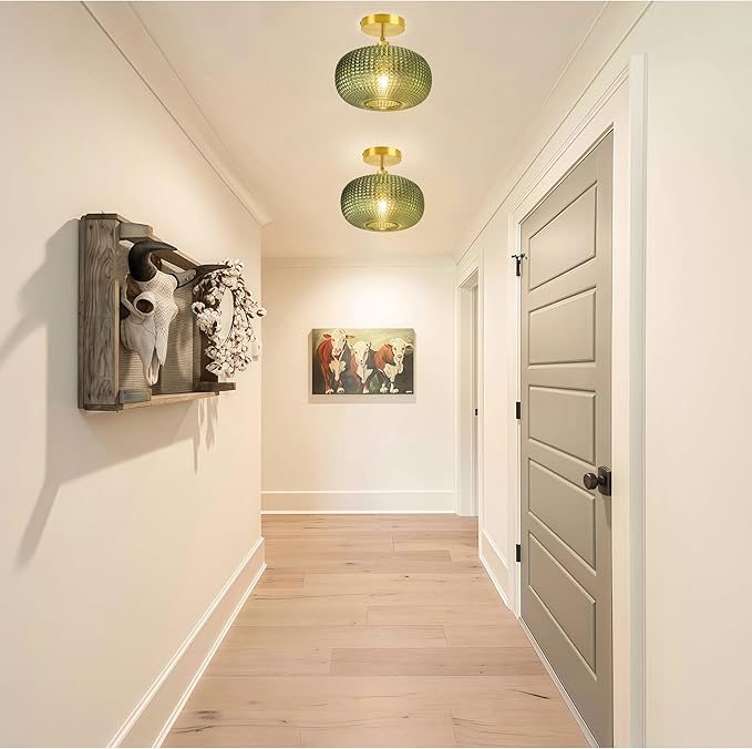 Semi Flush Mount Ceiling Light,Hallway Light Fixtures,Globe Glass Ceiling Fixture with Green Shade,Kitchen Ceiling Light Fixture,Vintage Green Ceiling Lights,Retro Ceiling Lighting for Entryway Porch