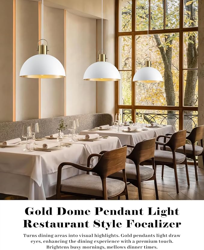 White and Gold Pendant Light 2 Pack, 11.8 Inch Dome Pendant Lights Kitchen Island, White Farmhouse Pendant Lights for Kitchen Island, Dining Room, Living Room