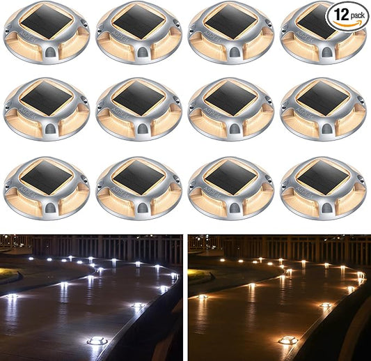 AGPTEK Solar Driveway Lights Outdoor 12 Pack, 2 Color Modes LED Deck Dock Marine Waterproof Driveway Marker Lights for Step Sidewalk Stair Garden Pathway Walkway Yard (Warm White/Cool White)