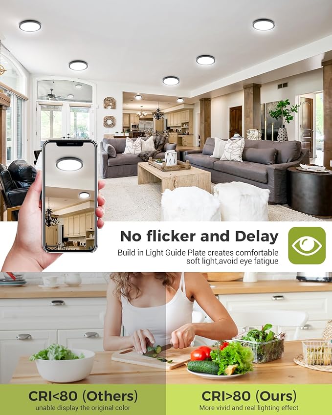 2PACK LED Flush Mount Ceiling Light - 3CCT Selectable 3000K-4000K-6500K & 100W Equivalent Modern Kitchen Recessed Ceiling Lamp 24W 3200Lm 12 Inch for Bathroom Closet Laundry Bedroom Hallway,Black