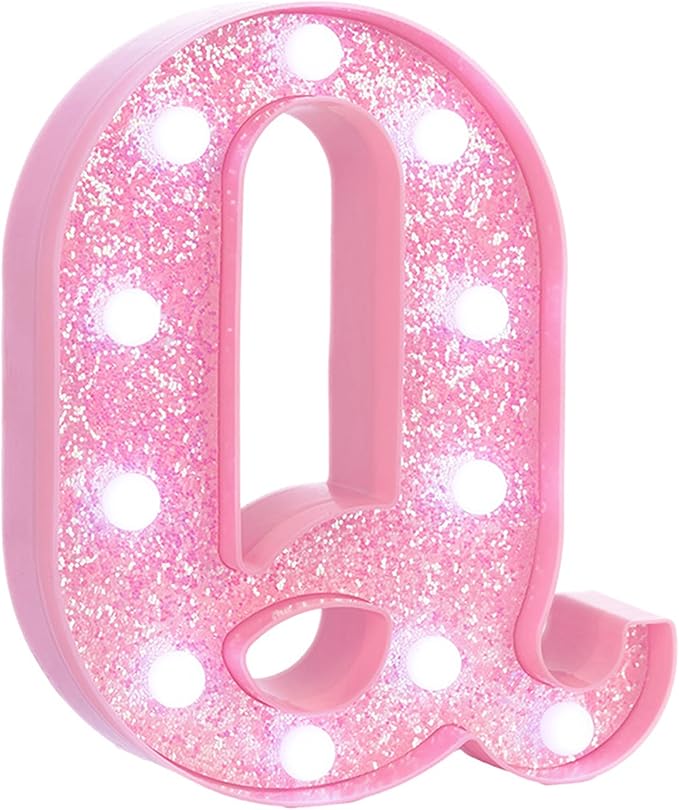 Pink Marquee Light Up Letters, Glitter Alphabet LED Letter Lights for Pink Birthday Party Decorations, Battery Operated Letter Sign for Girls Room Vanity Table Decor, Cool White Lights Letter Q