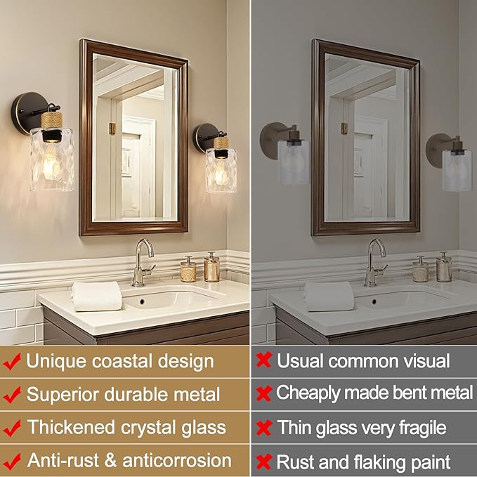 MOKATNG Set of 2 Wall Sconces for Bathroom, Coastal Modern Vanity Lights with Clear Glass Shade, Brown and Gold Bathroom Wall Lamp for Mirror Kitchen Living Room Hallway Cabinet Porch