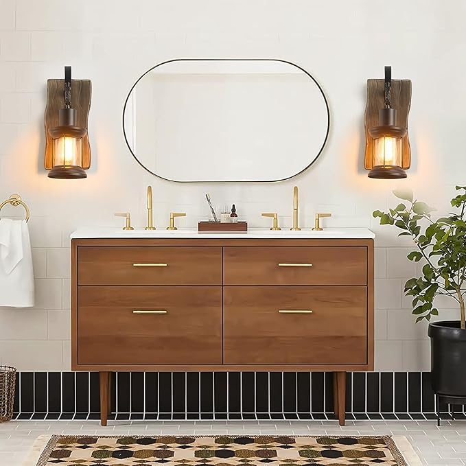 Rustic Industrial Wall Sconces, Black Metal Lantern with Wood Backplate, Farmhouse Indoor Light Fixture for Dining Room, Hallway, Porch