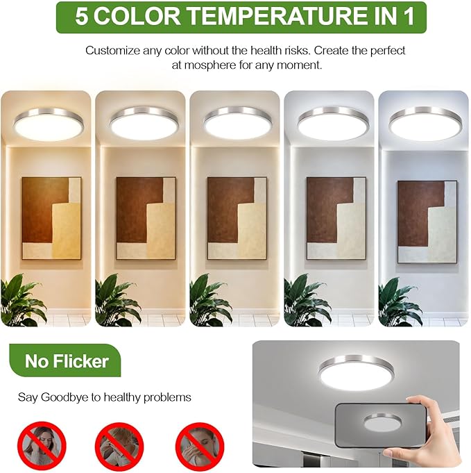 2-Pack 36W Dimmable LED Ceiling Light Fixture, 13 inch 3600lm Super Bright Modern Flush Mount Light Fixtures, 2700K/3000K/4000K/5000K/6500K Adjustable Brushed Nickel Ceiling Lamp for Bathroom Bedroom
