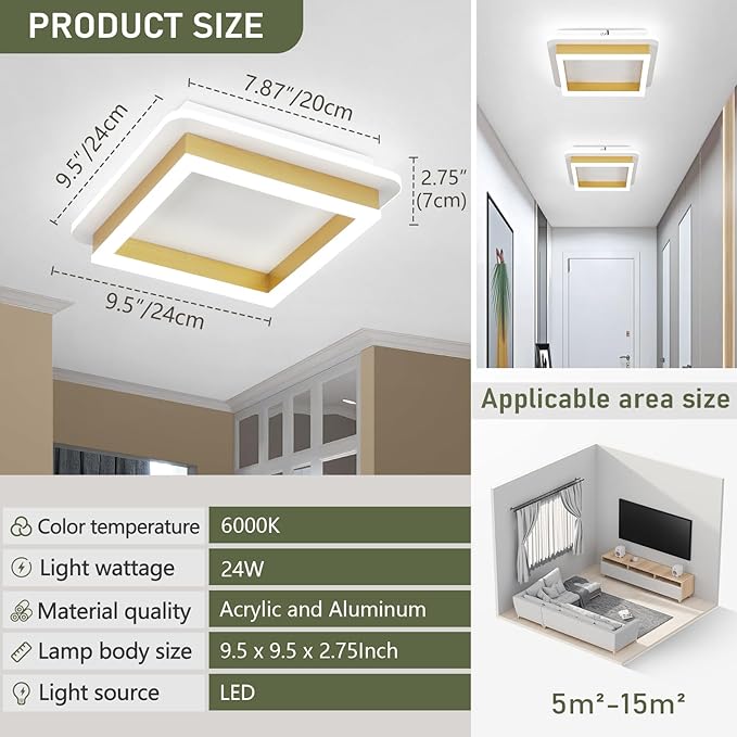 CANEOE 2 Packs Square Flush Mount Ceiling Light, 6000K Modern LED Ceiling Light Fixture, Minimalist Hallway Lighting Fixture Ceiling Lamp for Hallway Entryway Bedroom Balcony (Gold)