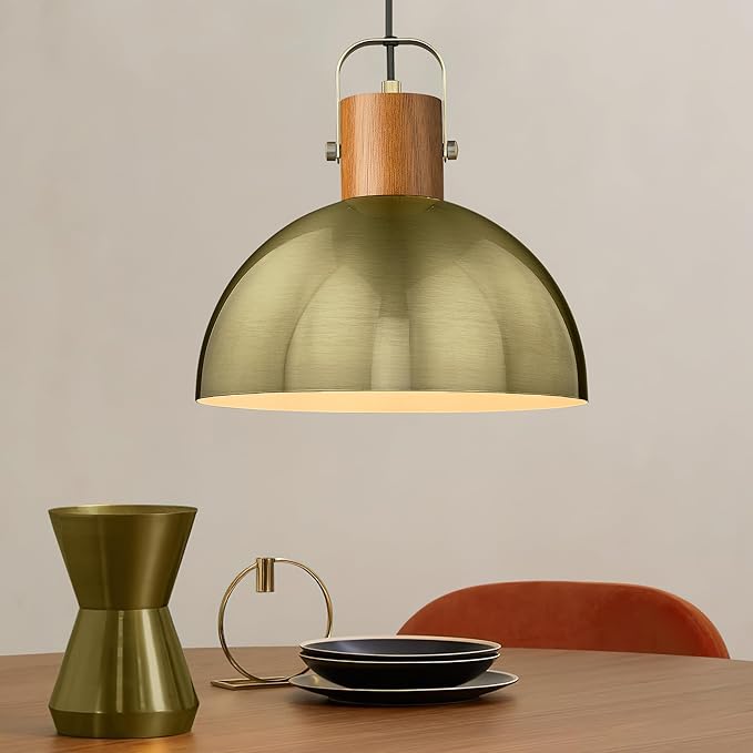 ELYONA Dome Pendant Light, 12" Rubber Wood Hanging Lamp with Vintage Gold Metal Shade, Mid Century Modern Pendant Light Fixtures for Kitchen Island Farmhouse Dining Living Room Hallway, Brushed Brass