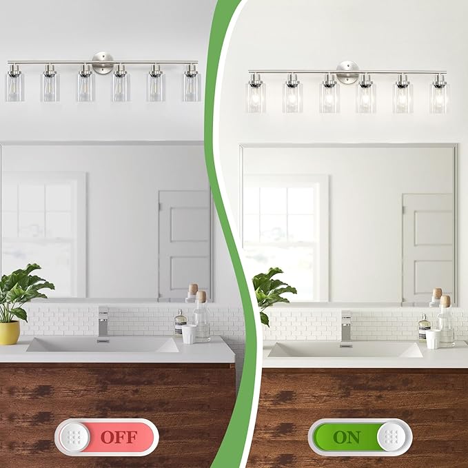 6-Light Nickel Bathroom Vanity Lights, E26 Modern Bathroom Light Fixtures with Clear Glass Shade, Wall Lamps for Mirror Hallway Kitchen Cabinet Living Room Sconces Lights