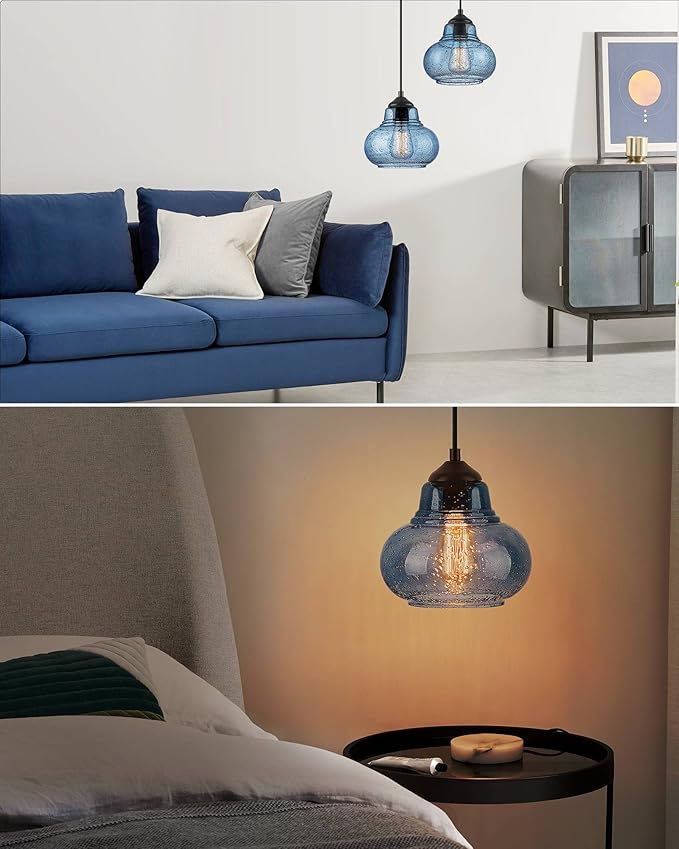 ELYONA 2 Pack Bubble Glass Pendant Lights 8 inch Modern Blue Hand Blown Globe Glass Pendant Lighting Hanging Light fixtures for Kitchen Island Dining Room Bar Bedroom Living Room