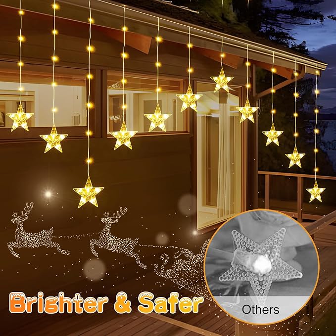 Christmas Window Lights, 76LED 9 Stars IP65 Battery Operated Star Curtain Lights 11 Modes with Timer, Xmas Decoration for Bedroom Wall Indoor Home Deco, Warm White & Multicolor