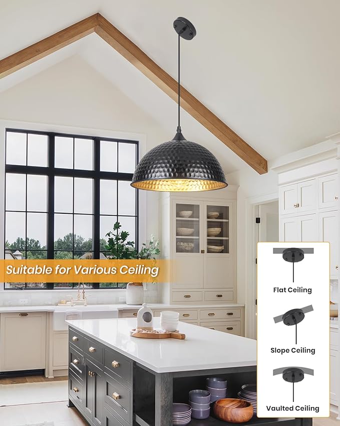 Black Pendant Lights Kitchen Island 12 Inch, Vintage Hammered Pendant Light Fixtures Adjustable Height Dome Pendant Light for Dining Room Bedroom Bar