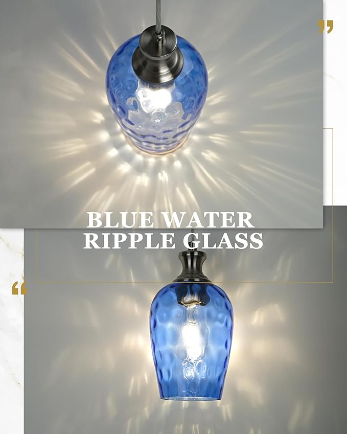 Pendant Lights Kitchen Island, Modern Brushed Nickel Hanging Lights Fixtures with Hand-Blown Hammered Blue Glass, Farmhouse Kitchen Island Lighting Over Sink, AD-24027-1P-SN-BL
