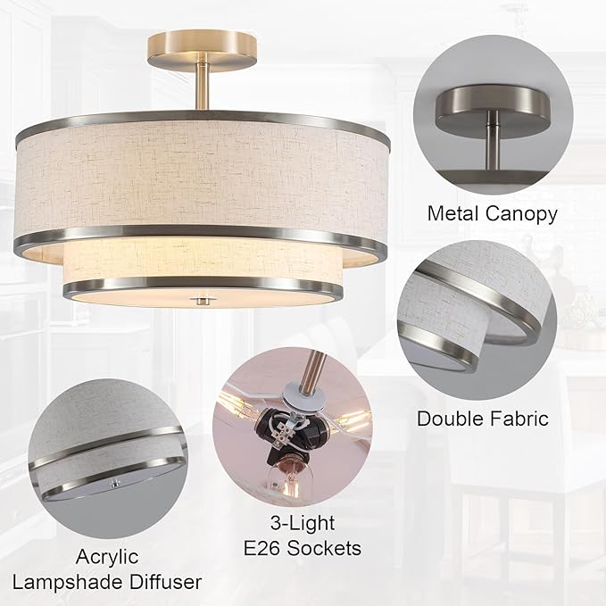 Farmhouse Close to Ceiling Light, 3-Light Flush Mount Ceiling Light Fixture with 2-Layer Fabric Shade, Modern Drum Ceiling Lamp for Hallway Bedroom Living Room (Brushed Nickel)