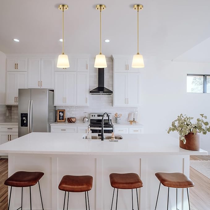 BYOLIIMA Modern Gold Pendant Light 3 Pack Brushed Brass Mid Century Chandelier White Cylinder Glass Shades Adjustable Rods Farmhouse Ceiling Hanging Lighting Fixture Kitchen Island Dining Room Bedroom