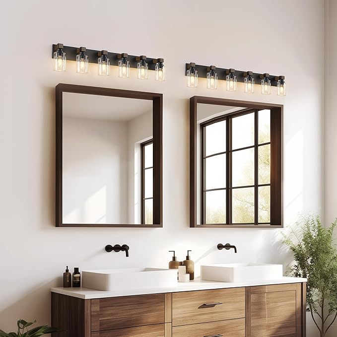 Farmhouse Bathroom Vanity Light Fixtures, Rustic 6-Light Wood Vanity Lights for Bathroom, Vintage Black Wall Sconces Lighting, Light fixtures Over Mirror, with Glass Shade