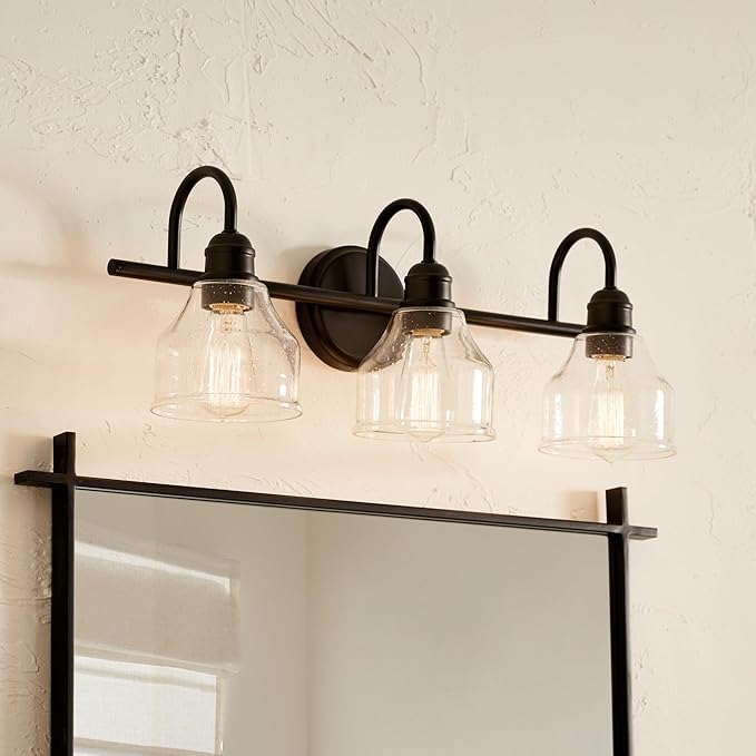 Kichler Avery 24" 3-Light Bathroom Vanity Light Fixture with Clear Seeded Glass in Black for Modern Industrial Farmhouse Style, Wall Mount Over Mirror (24" x 9.5" x 8.25"), 45973BK