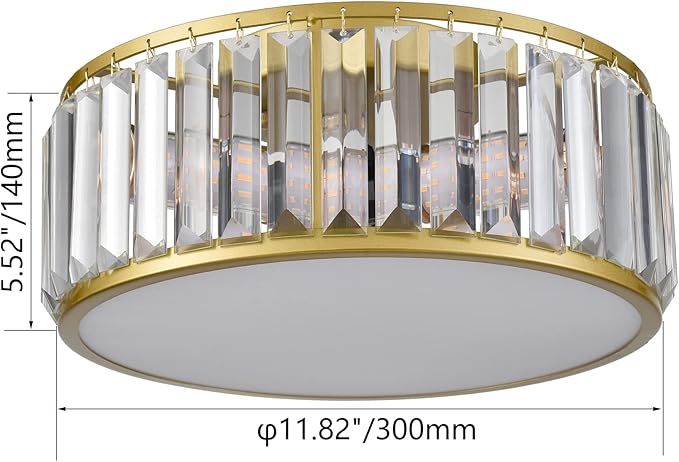 12 Inch Gold Crystal Flush Mount Ceiling Light 3-Light Drum Shade Ceiling Light Fixtures Luxury Crystal Glass Flush Mount Lighting for Bedroom Hallway Bathroom