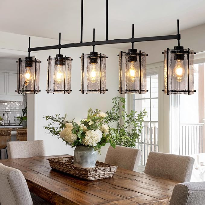 Farmhouse Linear Chandelier for Dining Room,Kitchen lsland Light Fixtures,5 Light Glass Chandeliers with Matte Black Finish,Height Adjustable L39.3”+W6.1”