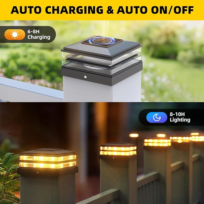 EXCMARK 4x4 Solar Post Cap Lights Outdoor Waterproof 8 Pack Fence Deck Post Lights with High-Brightness LEDs, Dual Light Modes Warm White & Cool White. (Classic Black, 8)