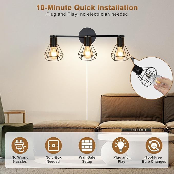 3-Light Plug-in Track Lighting with Rotatable Heads, Plug in Ceiling Light with 16.4ft Power Cord & Switch, LED Spotlight for Kitchen Cabinet Living Room Artwork, E26 Socket (Bulb Not Included)
