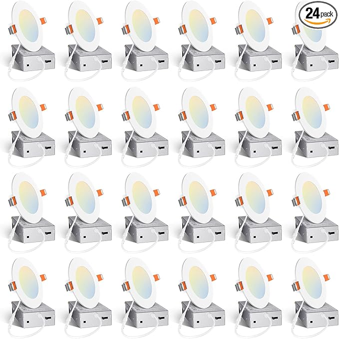 Amico 24 Pack 4 Inch 5CCT Ultra-Thin LED Recessed Ceiling Light with Junction Box, 2700K/3000K/3500K/4000K/5000K Selectable, 10W Eqv 60W, Dimmable Can Light, 800LM High Brightness Downlight - ETL&FCC