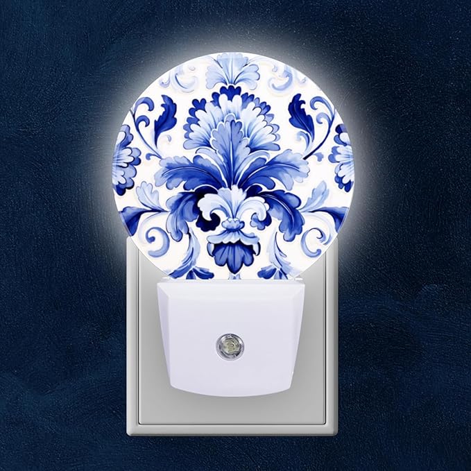 Round LED Night Lights Lamp with Dusk to Dawn Sensor, Beautiful Blue And White Hand-Painted Floral Ornament On The Tile Night Light Plug Into Wall for Kids Room, Bedroom, Bathroom, Kitchen, Hallway