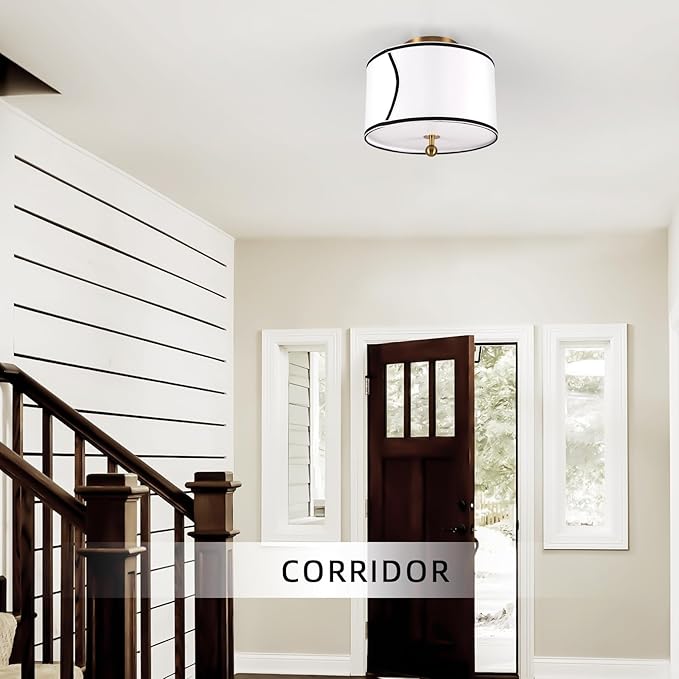 12.6" Drum-Shaped White Fabric Flush Mount Ceiling Light with 3-Light Fixture, Recessed Roll-in Installation, Ideal for Living Room, Bedroom, Bathroom, Farmhouse Foyer