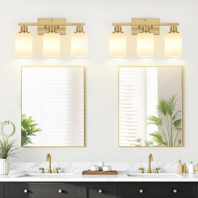 MOKATNG 3-Light Bathroom Light Fixtures, Brushed Gold Vanity Light with Milky White Shades, Bathroom Lighting Fixtures Over Mirror, Modern Bathroom Wall Lamp for Mirror Living Room Cabinet Bedroom