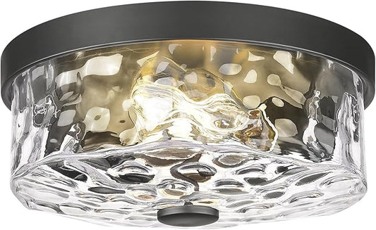 Flush Mount Ceiling Light with Water Ripple Glass Shade, Modern 2-Light Ceiling Lighting for Kitchen Living Room Porch Hallway, Industrial Black Ceiling Lamp for Lighting and Decoration