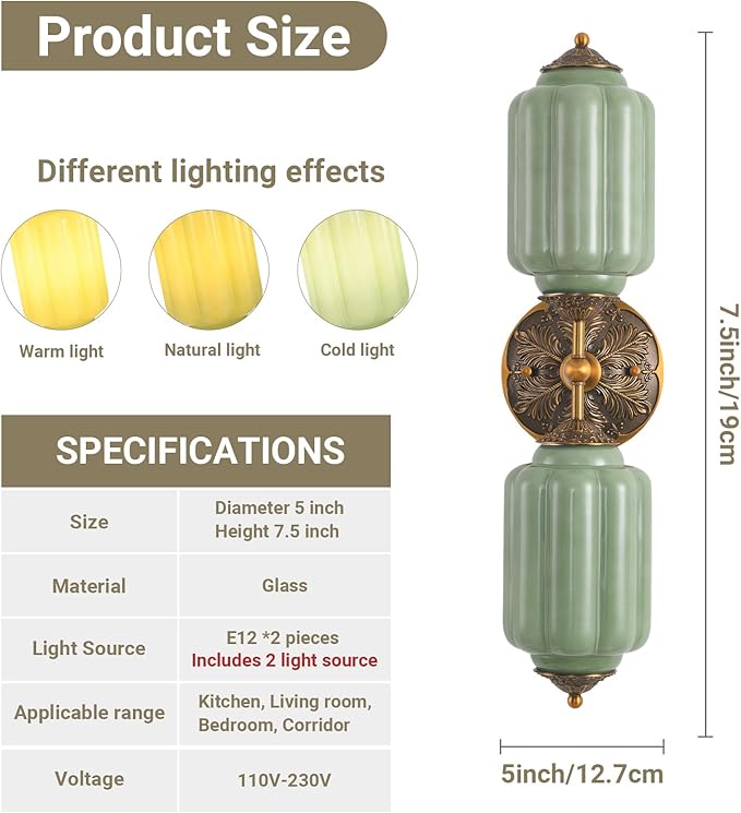 LOUSACE 2-Light Vintage Milk Glass Bathroom Vanity Light with Brass Finish Base & Green Glass Shade - Indoor Wall Sconce Lighting for Mirror, Bathroom, Living Room, Gallery (Bulbs Included)