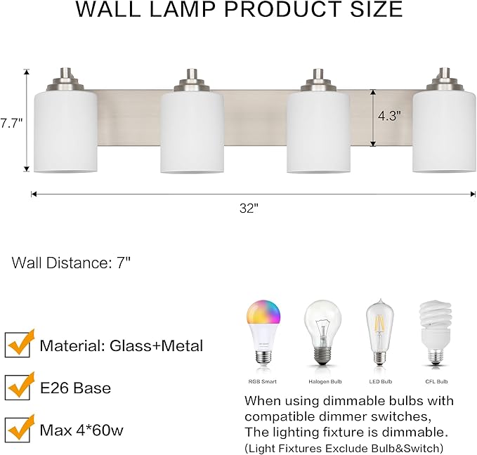 SOLFART Brushed Nickel Bathroom Vanity Light Vintage 4 Light Wall Light with Milky White Globes, 4 Lights Modern Over Mirror Lighting Fixture for Bathroom
