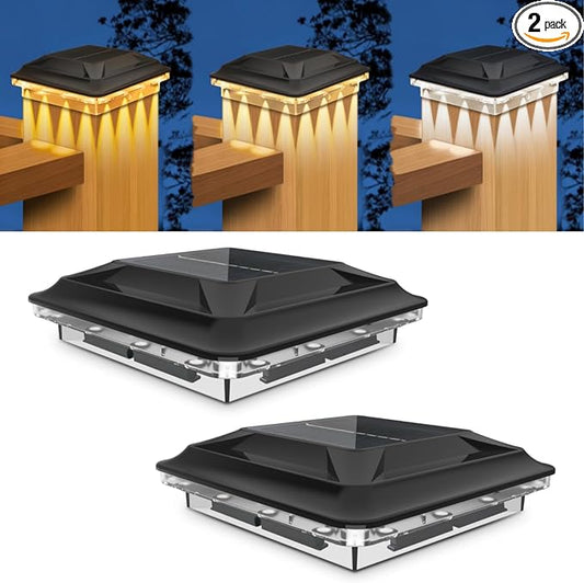 Solar Post Cap Lights 2 Pack Upgraded 16LED Spot Lens Outdoor Waterproof Post Light 3-Color Modes Warm & Cool & Neutral White Solar Light Fit for 4x4 3.5x3.5 Vinyl and Wooden Dock Fence Deck Posts