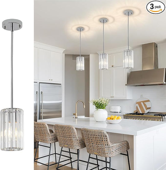 3 Pack Chrome Modern Pendant Lights Mini Chandelier Kitchen Island Pendant Lights Hanging Light Fixtures Adjustable Crystal Chandelier Fixture for Island Dining Room Hallway Bedroom