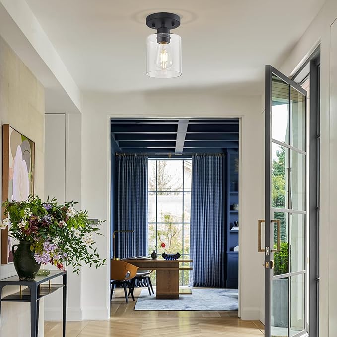1 Light Semi Flush Mount Ceiling Light Black Kitchen Lighting Fixtures Ceiling Light Fixtures Small Hallway Lights with Clear Glass Shade for Bedroom Set of 2