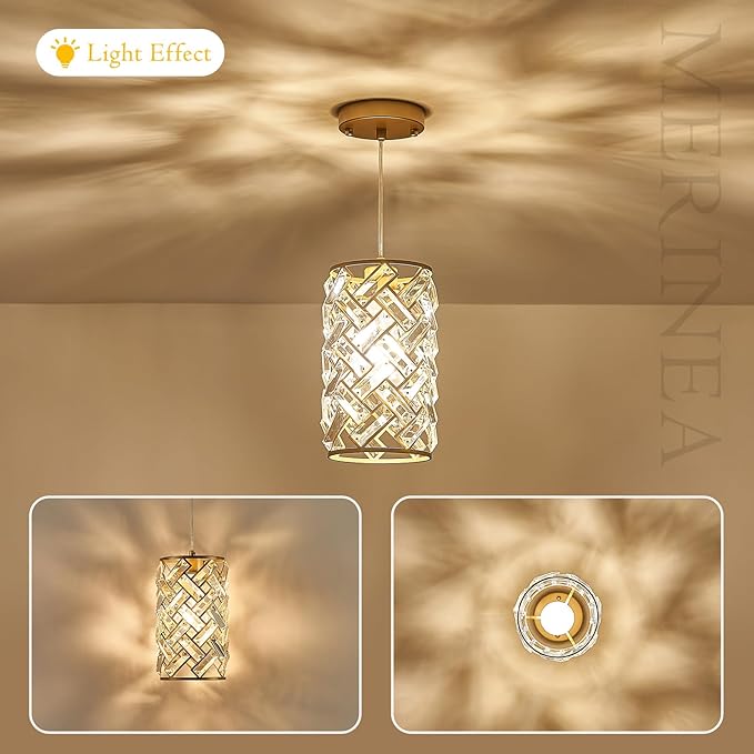 Modern Gold Crystal Pendant Light Fixture – Mini Hanging Chandelier with K9 Prisms for Kitchen Island, Bedroom, Bathroom, Dining Room, or Bar (1-Light)