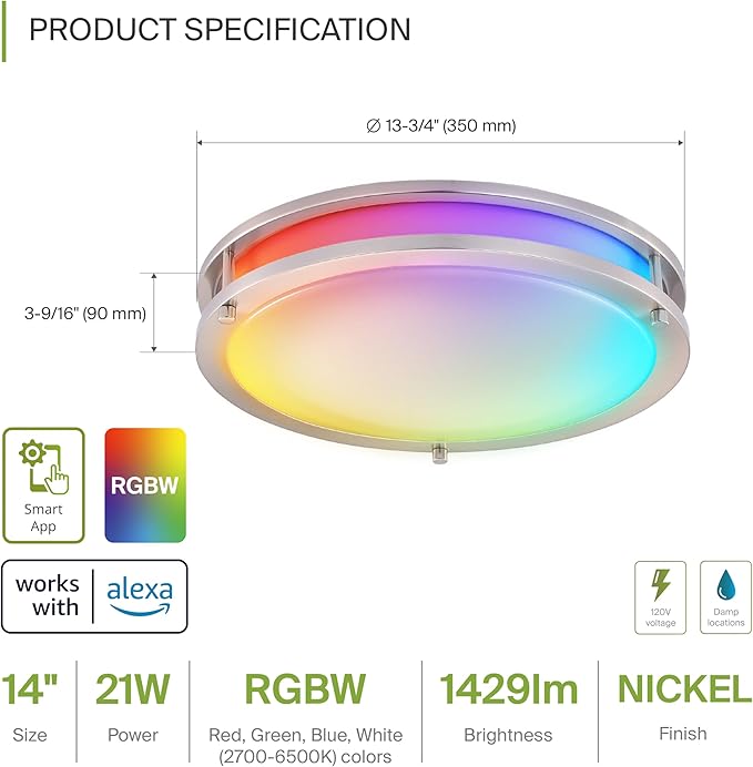 ASD LED 14" Round Flush Mount Lighting, Close to Ceiling Light Fixture | Smart, Multicolor, Dimmable, ETL Listed | 21W 1429LM RGB-2700-6500K 120V | Low Profile Double Ring Lamp | Nickel, 4 Pack