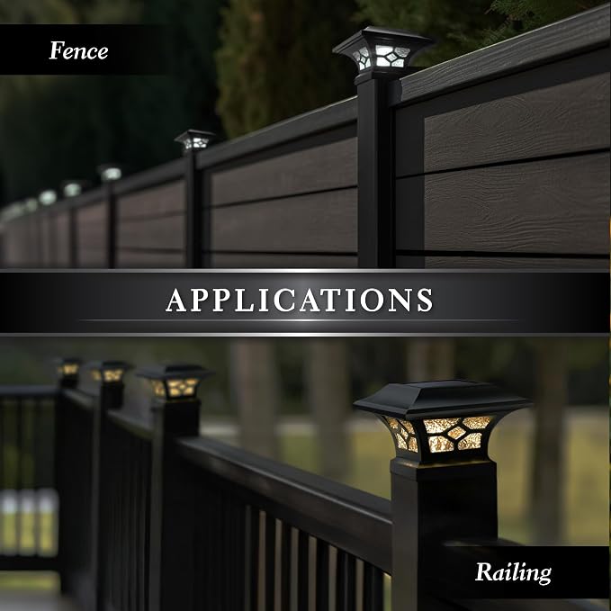 Classy Caps Kingston Solar Post Cap - Fits 2"x2", 2.5"x2.5" and 3"x3" Fence & Deck Posts - Black Cast Aluminum - Warm/Cool Light Color Modes - Heavy-Duty, Real Glass - Mod. SLZ332B