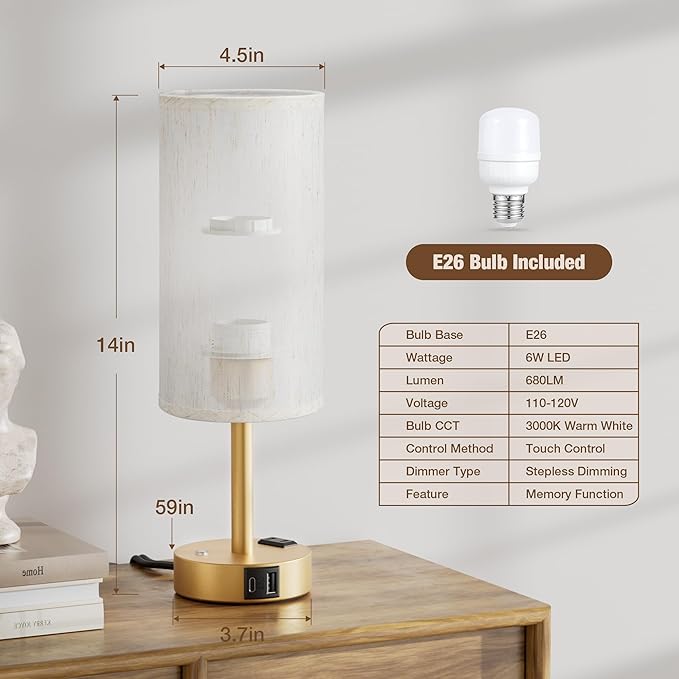 Touch Bedside Table Lamp with Memory - Stepless Dimmable Lamp for Bedroom, Small Nightstand Lamp with Dual USB Charging Ports and AC Outlet, Wood Night Light, Deak Lamp for Nursery (Cream & Gold)