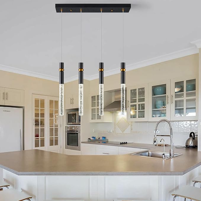LMQNINE 4 Light Dining Room Light Fixtures Ceiling Dimmable LED Modern Black Kitchen Island Pendant Light with Bubble Crystal Pendant Light for Kitchen Island Bedroom Hallway Entryway (4-Light)…
