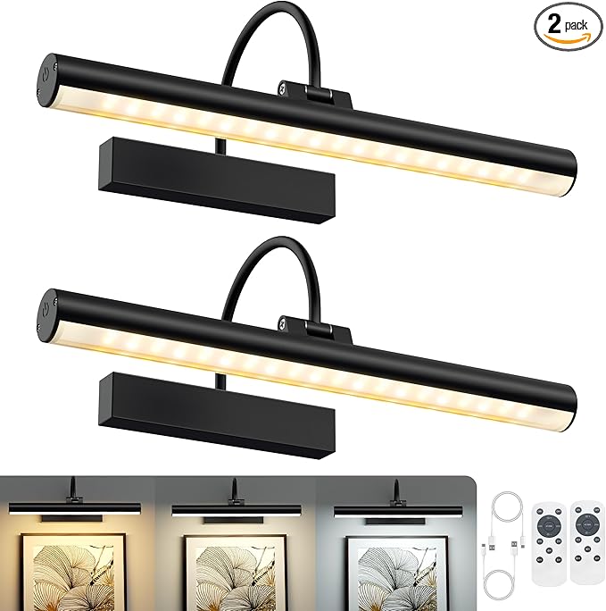 VOLISUN Picture Lights for Wall, 13 inch Rechargable Picture Light Battery Operated, 3 Color Temperatures Cordless Picture Light with Remote, Art Light for Paintings, Gallery, Portrait, 2 Pack (Black)