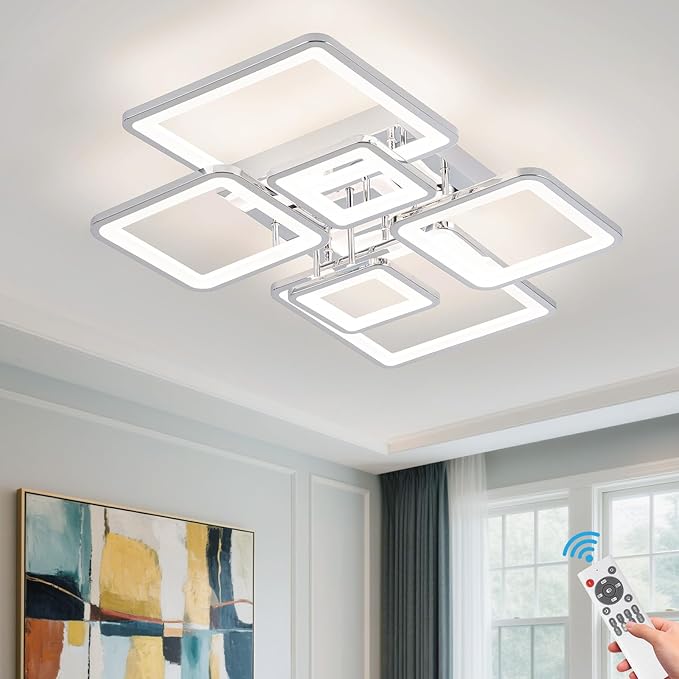 31.5''Dimmable Modern LED Ceiling Light Chrome 6Rings Square Ceiling Lamp 3000K-6500K Flush Mount Ceiling Lightwith Remote for Dining Room, Kitchen, Living Room