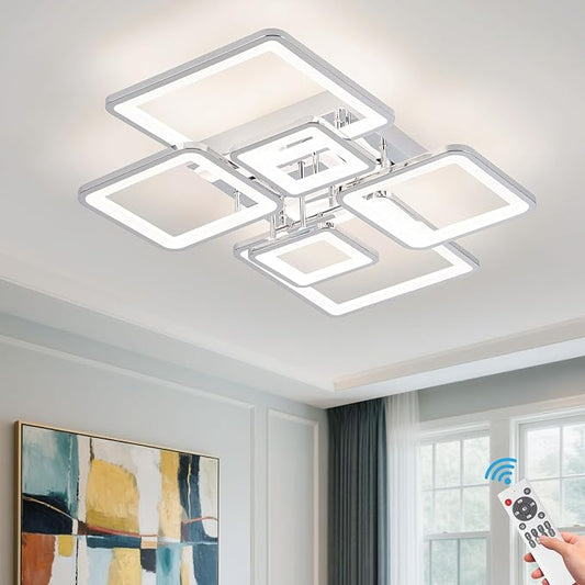 31.5''Dimmable Modern LED Ceiling Light Chrome 6Rings Square Ceiling Lamp 3000K-6500K Flush Mount Ceiling Lightwith Remote for Dining Room, Kitchen, Living Room