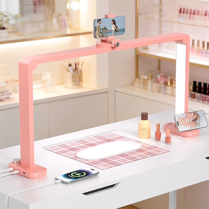 Half Moon Light for Nail Desk with Phone Holder, Large Square Nail Lamp for Desk, Professional Manicurist Desktop Lamp, LED Light Suitable for Manicures, Tattoos, and Sewing, Pink