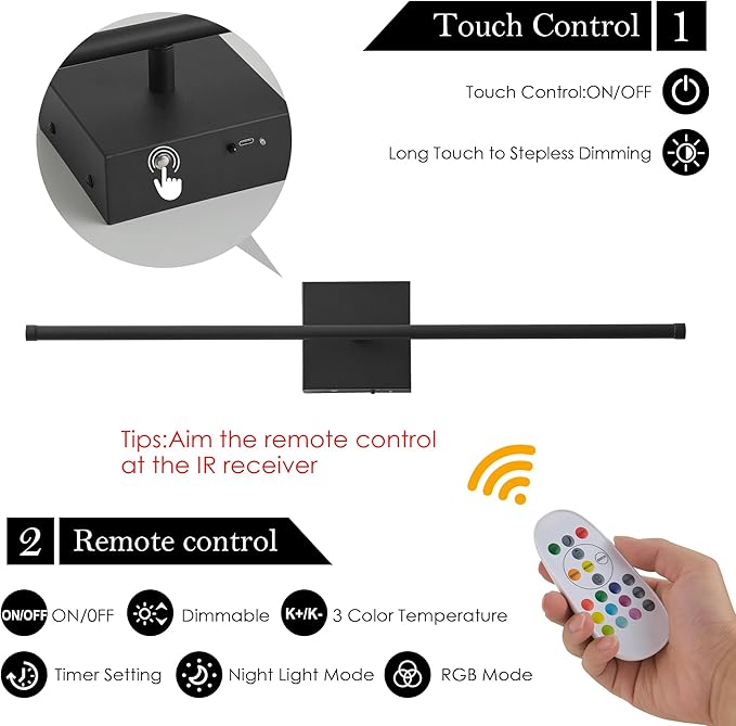 KARTOOSH 32.2 Inch 9 RGB Color Battery Operated Wireless Wall Sconces Set of Two, with Remote, Dimmable, Warm/Natural White/Daylight, Rotatable, LED Wall Light for Living Room, Bedroom, Black