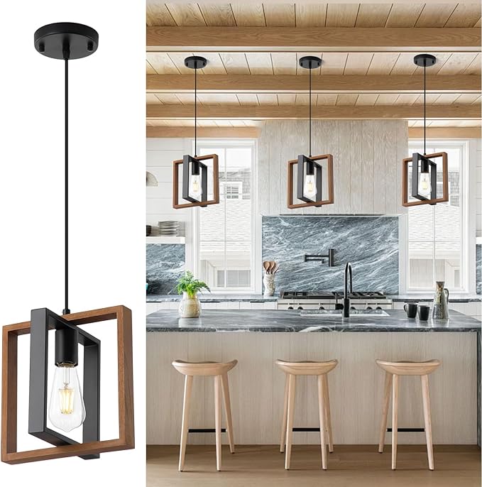 9MMML Industrial Small Pendant Lighting, Farmhouse Kitchen Island Hanging Lamp with Cord, Wood+Metal,1 Light E26 Fixture for Dining Room Bedroom Hallway Entryway,9.5 inch