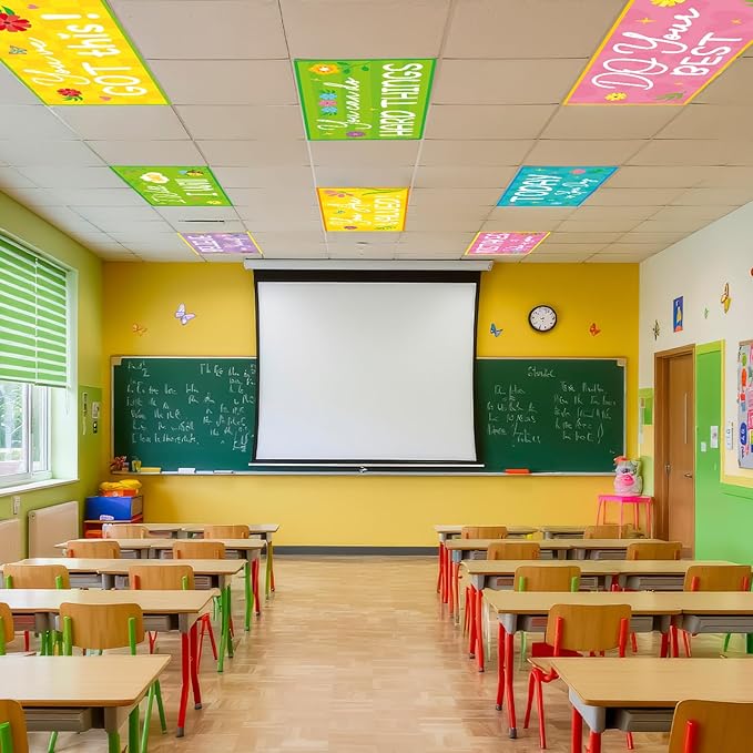8PCS Fluorescent Light Covers for Classroom Ceiling Light 4x2ft Magnetic Lights Covers Filter Easy Install for Office School Hospitals Ceiling Supply (Spring Motivational)