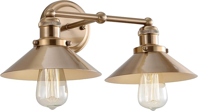 JONATHAN Y 17.5" Brass Gold 2-Light Industrial Farmhouse Metal Vanity Light Wall Sconce, Metal Shade for Bathroom Mirror, Kitchen, Entryway, LED Bulb Included (JYL7430A)