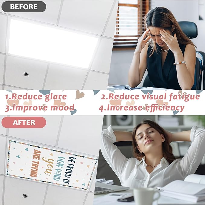 QOUBAI 8 Pcs Fluorescent Light Covers, 4x2 Feet Magnetic Light Cover Fluorescent Lights Shade Panel Positive Inspirational Ceiling Lights Filters for Office Classroom Home Drop Ceiling Boho Heart